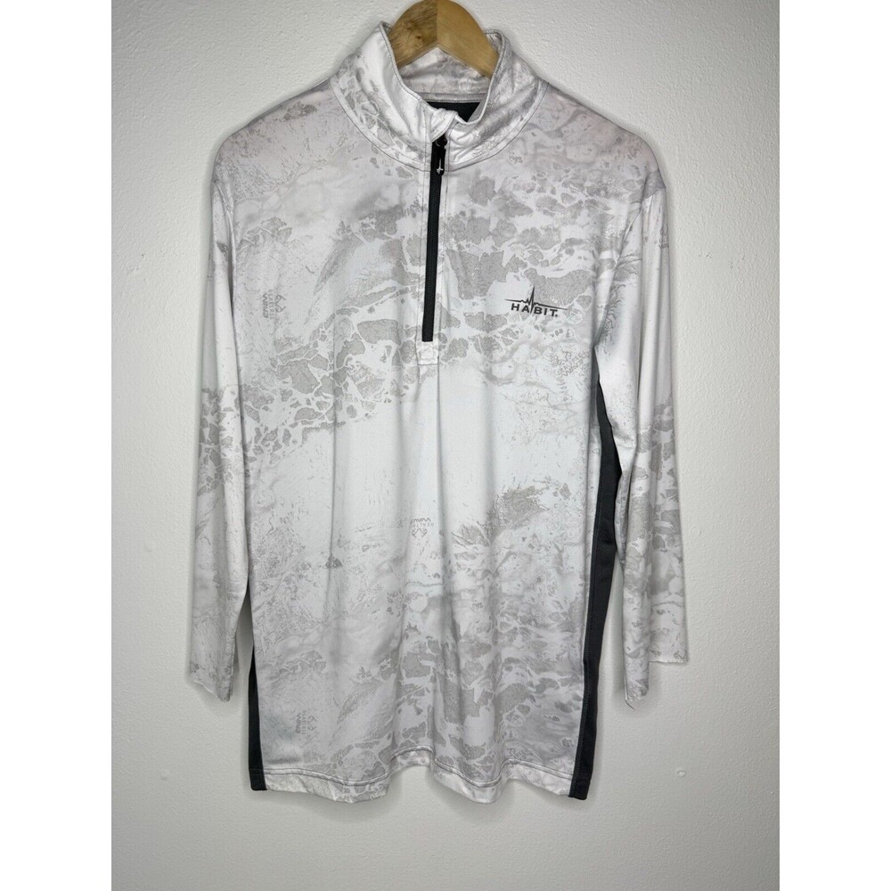 Habit White Gray Real Tree Fishing 1/4 Zip Pullover Mens Size Medium - READ